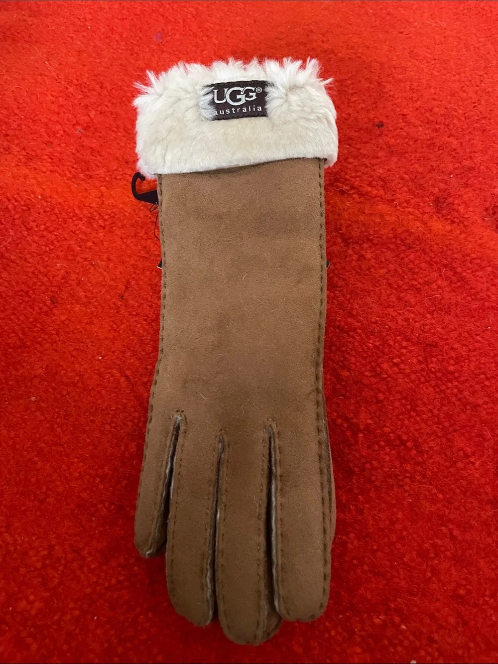 UGG Brown Suede Shearling-Trim Gloves with Cream Cuff Size Small